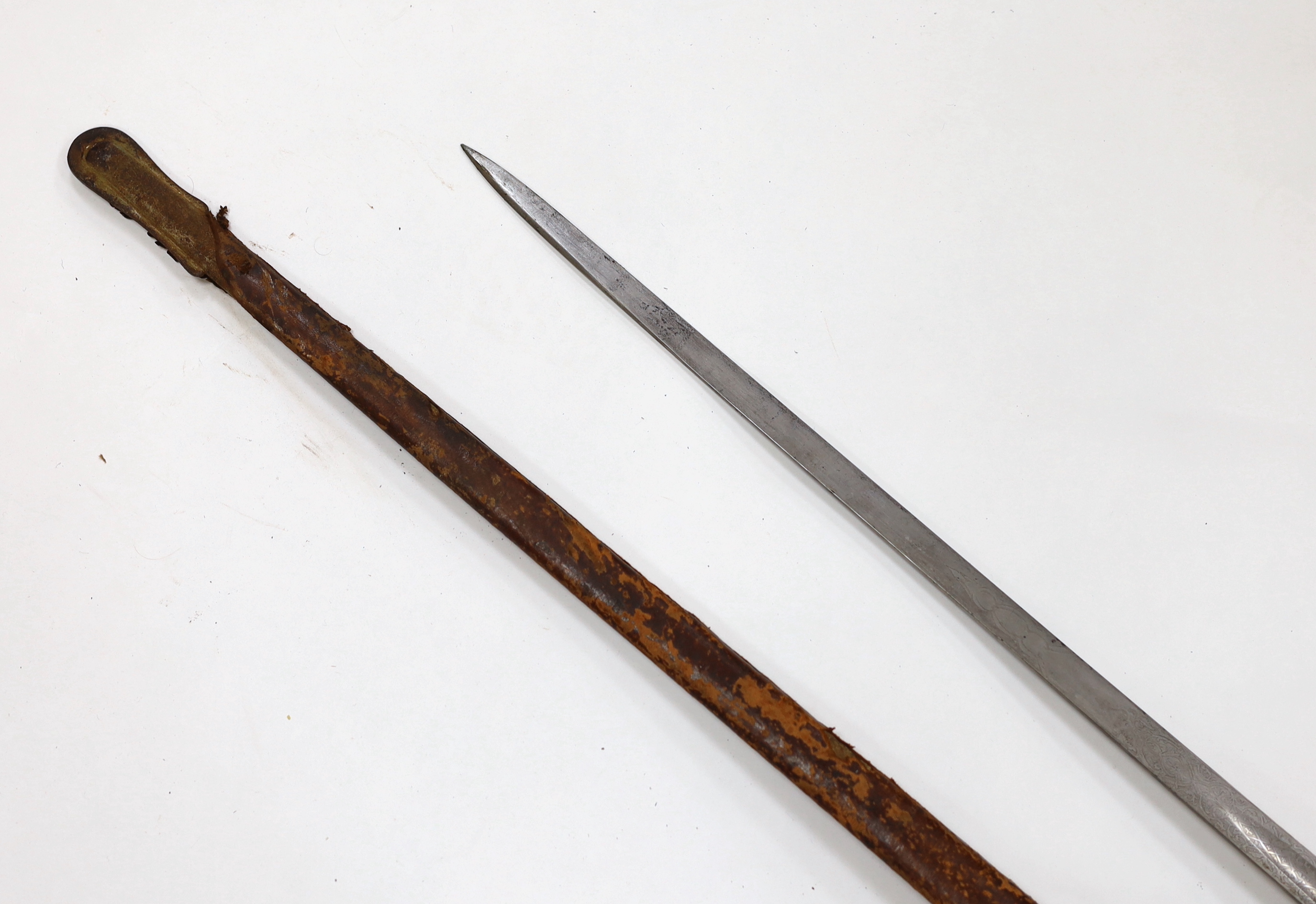 A Victorian 1897 pattern infantry officer's sword, maker Robert Mole & Sons, Birmingham, marked War and India offices, with scabbard and leather hanger, blade 82cm